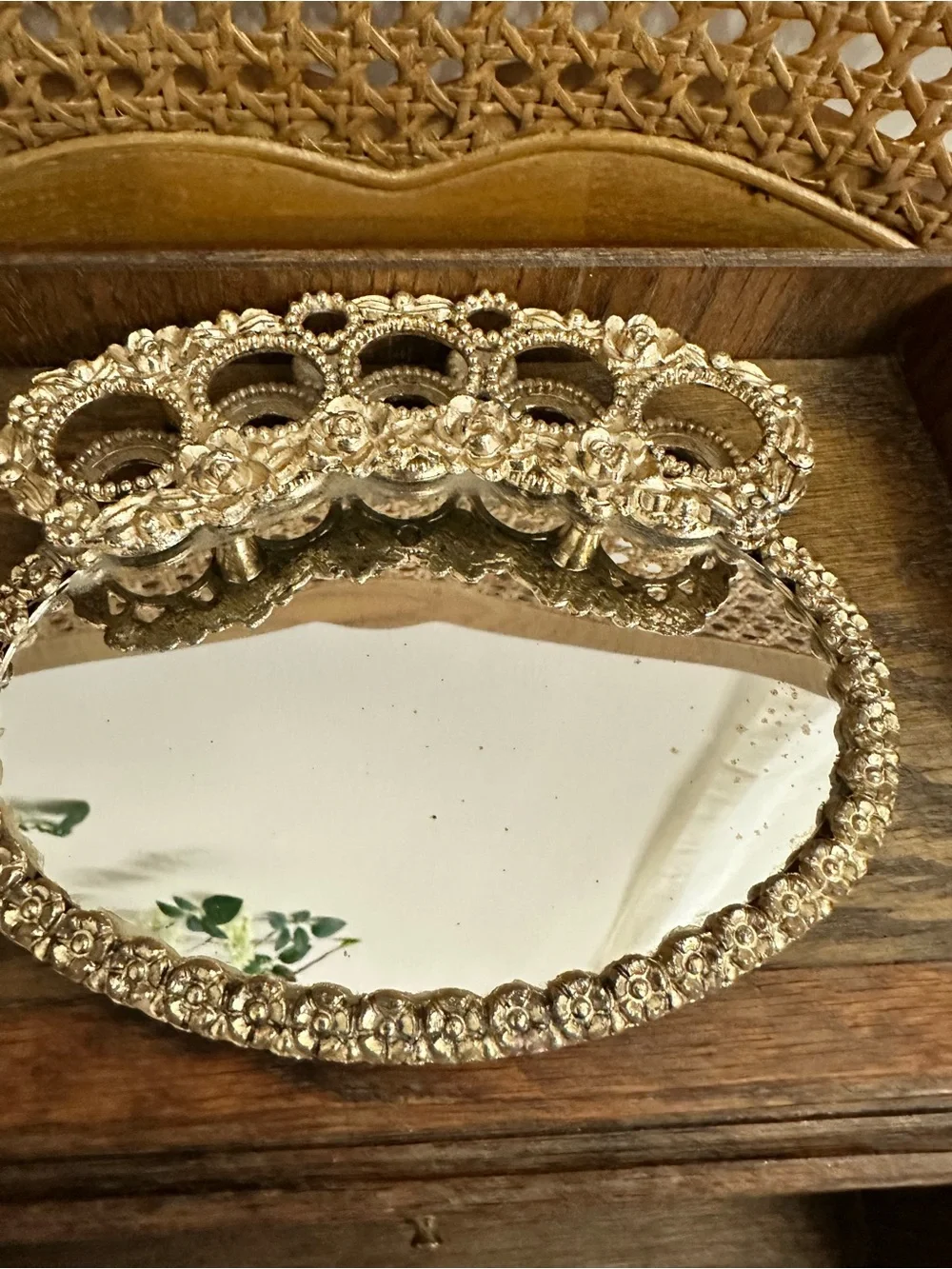 Gold Beaded Vanity Mirror Tray - Decorative Jewelry Organizer